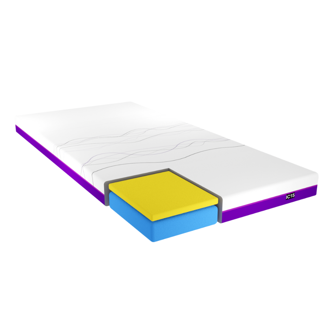 The iCare Medical IC15 ActiveX™ Homecare Foam Mattress features a cutaway corner displaying its inner layers: a yellow layer over a blue ActiveX™ Core, all encased in a white and purple ACTS-labeled mattress cover.
